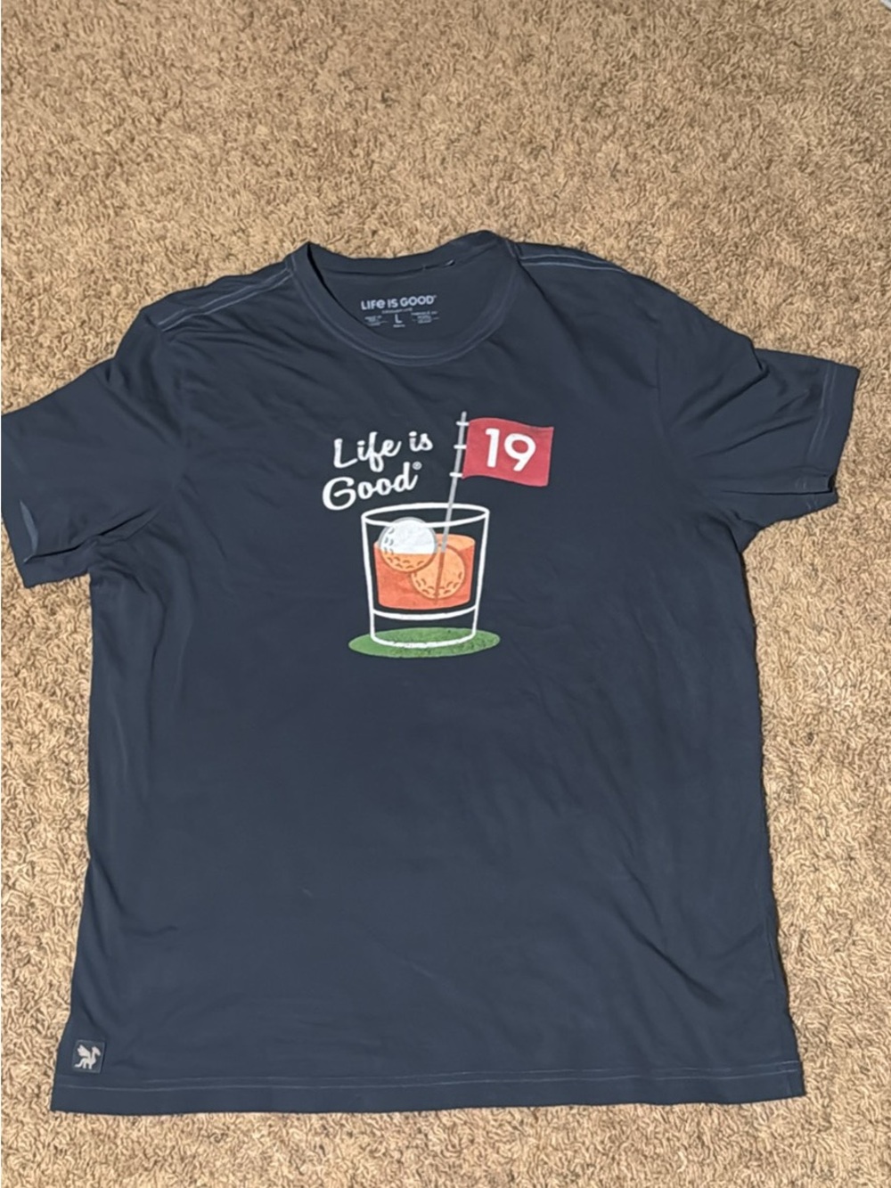 Life Is Good Navy Short Sleeve Tee with Golf Cocktail Graphic MENS SZ large new